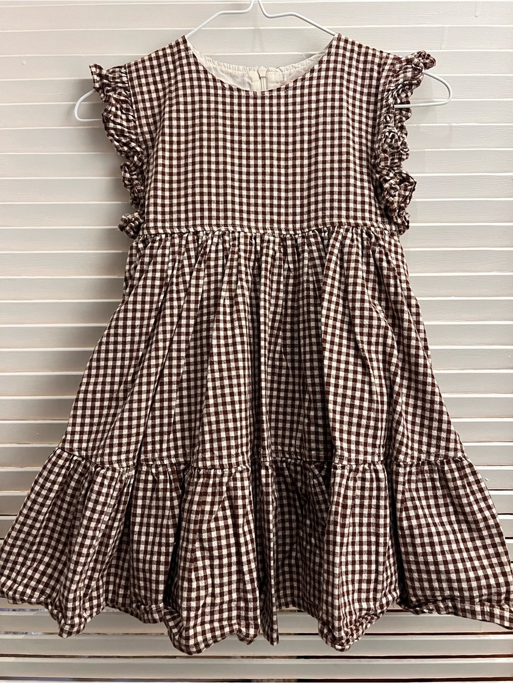 Pink Chicken Brown Gingham Ruffle Sleeve Dress